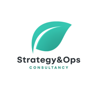 Strategy & Ops Consultancy logo with a teal leaf icon above the business name on a black background.